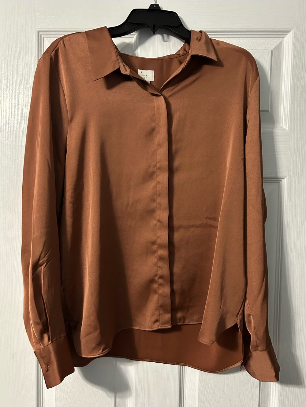 a new day Rust Brown Satin Button-Front Blouse